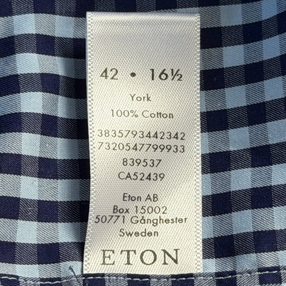 Eton Fit Dress Shirt Men's Sz. L - 42 / 16 1/2 - Blue White Gingham Pattern- EUC - Picture 11 of 15